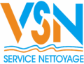 Logo néon bleu et orange VSN pour Service Nettoyage, avec deux lignes ondulées symbolisant l'eau ou le mouvement.