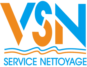 Logo néon bleu et orange VSN pour Service Nettoyage, avec deux lignes ondulées symbolisant l'eau ou le mouvement.