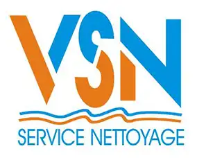 Logo VSN Service Nettoyage avec lettres V orange, S bleu et N orange/bleu, surmontant des lignes ondulées bleues et orange.